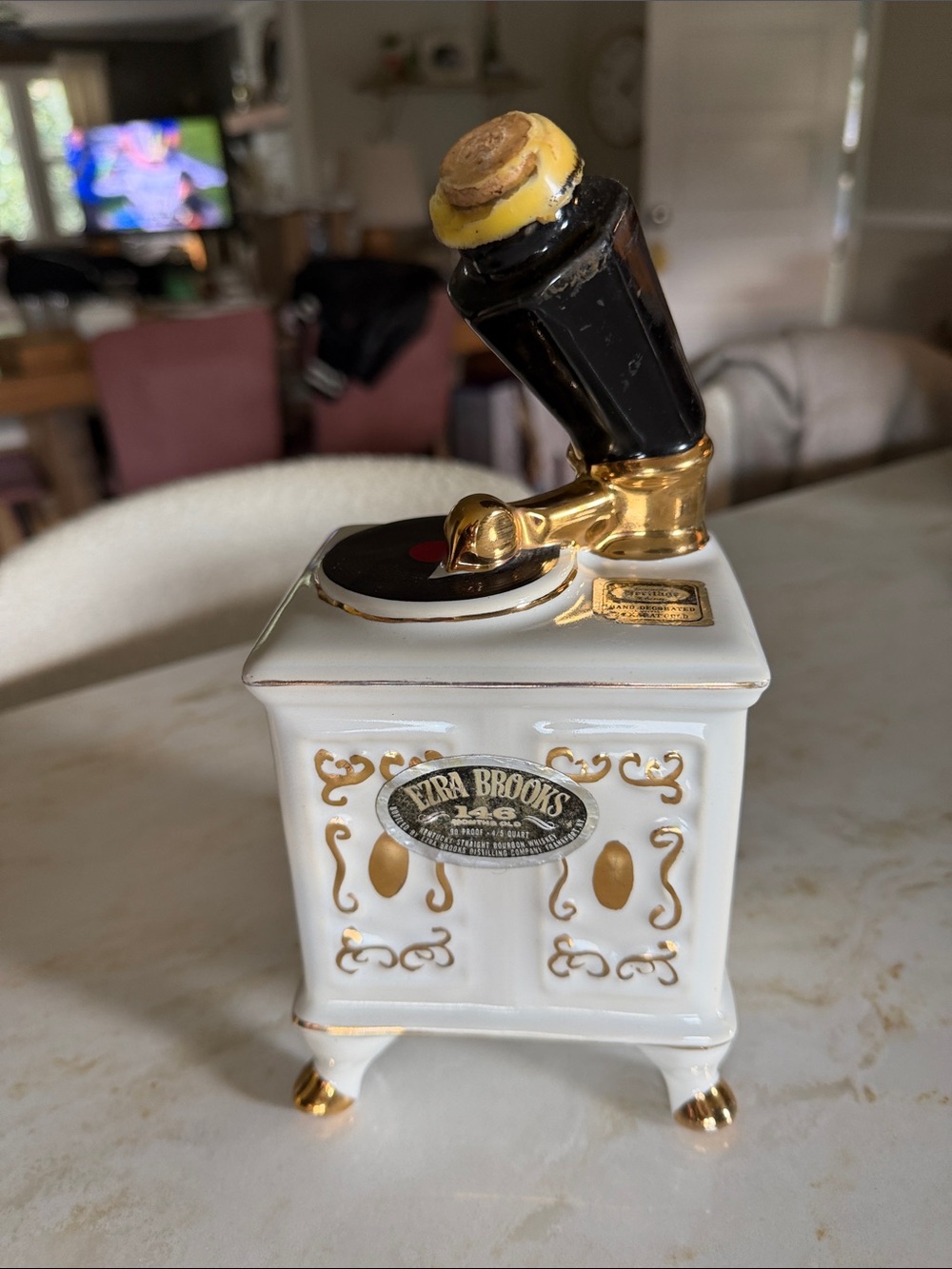 Ezra Brooks White and Gold Ceramic Gramophone Liquor Bottle